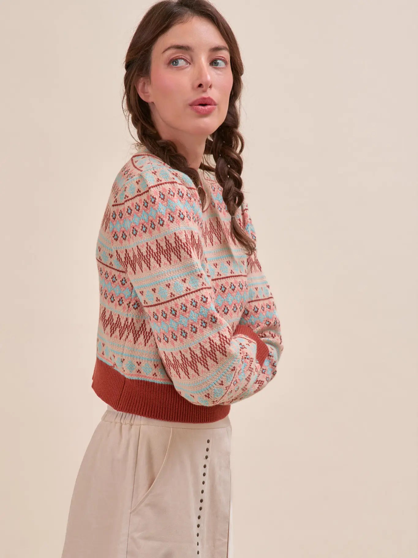 Sand & Aqua Fair Isle Cropped Sweater