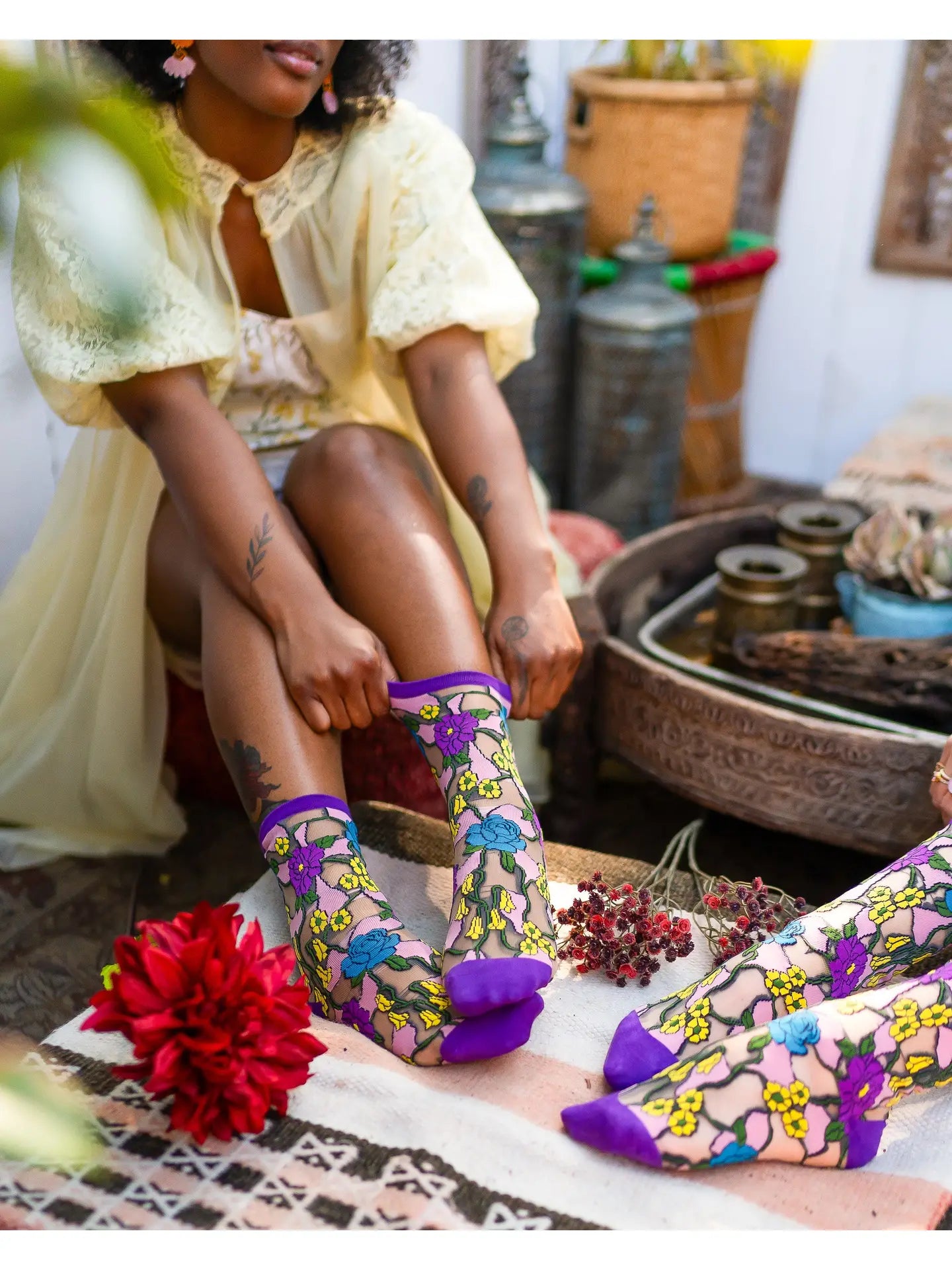 Stain Glass Floral Sheer Crew Socks