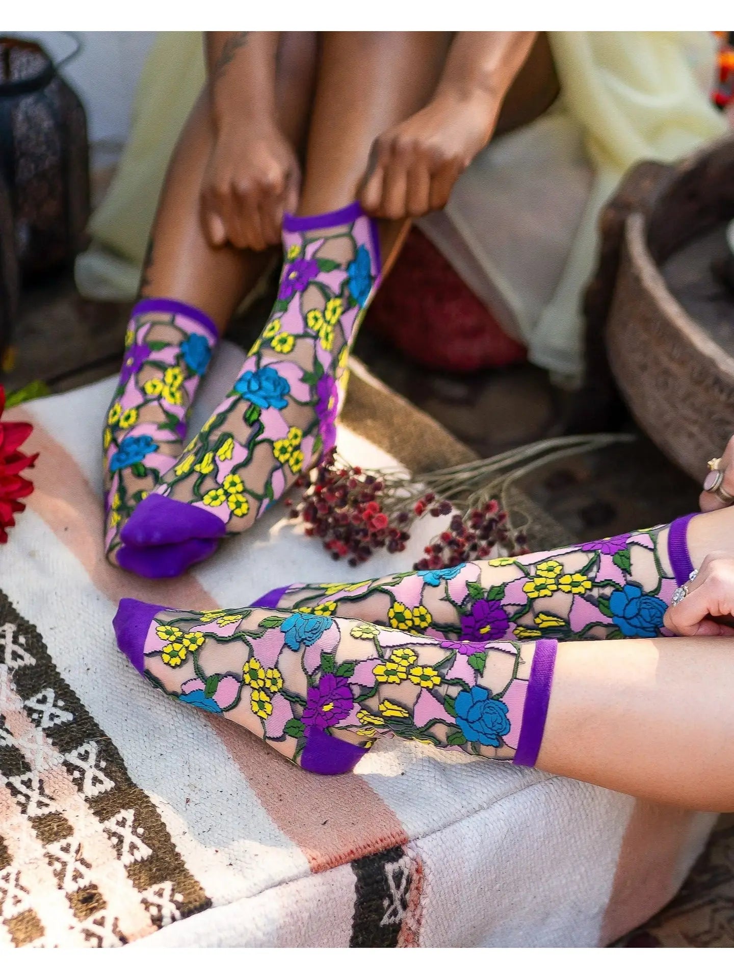 Stain Glass Floral Sheer Crew Socks