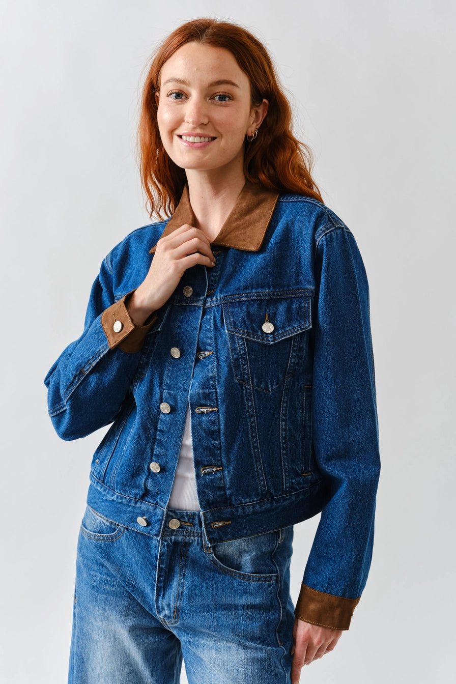Suede Collar Denim Jacket