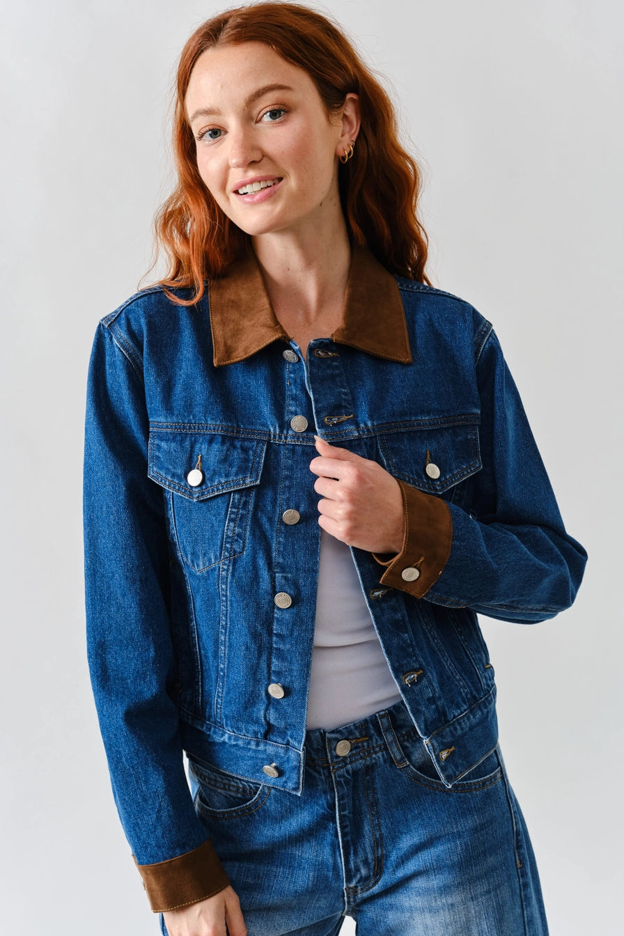 Suede Collar Denim Jacket