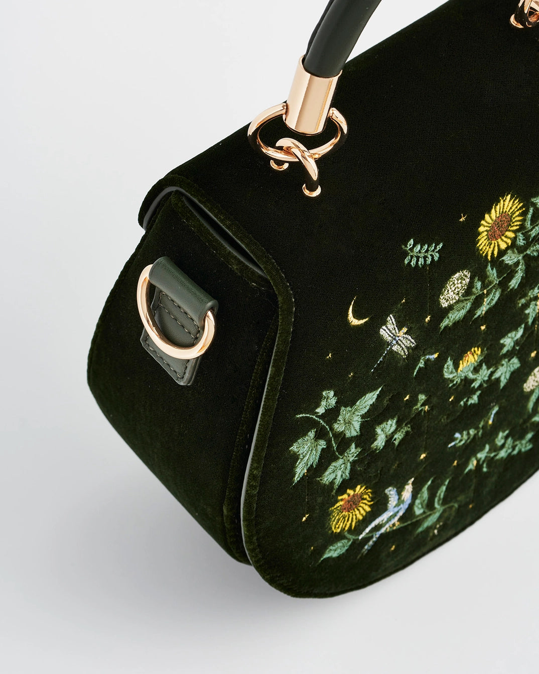 Sunflower Green Velvet Embroidered Bag by Fable England