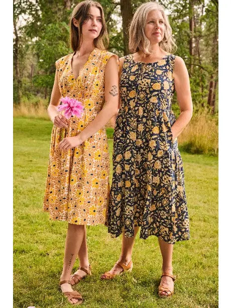 Thais Tiered Sleeveless Dress Navy Botanical