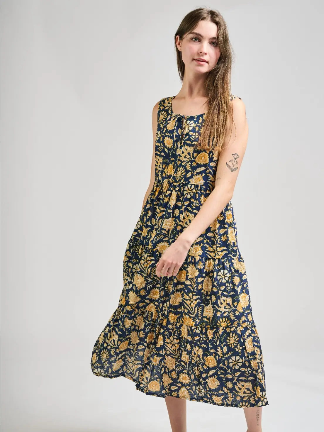 Thais Tiered Sleeveless Dress Navy Botanical