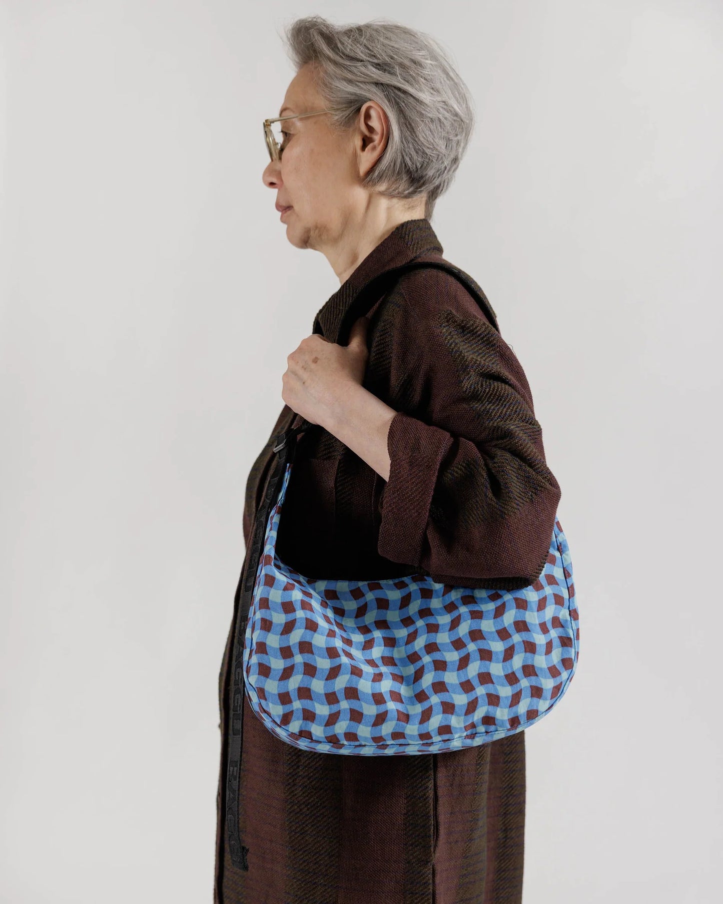 Wavy Gingham Blue Medium Crescent Bag
