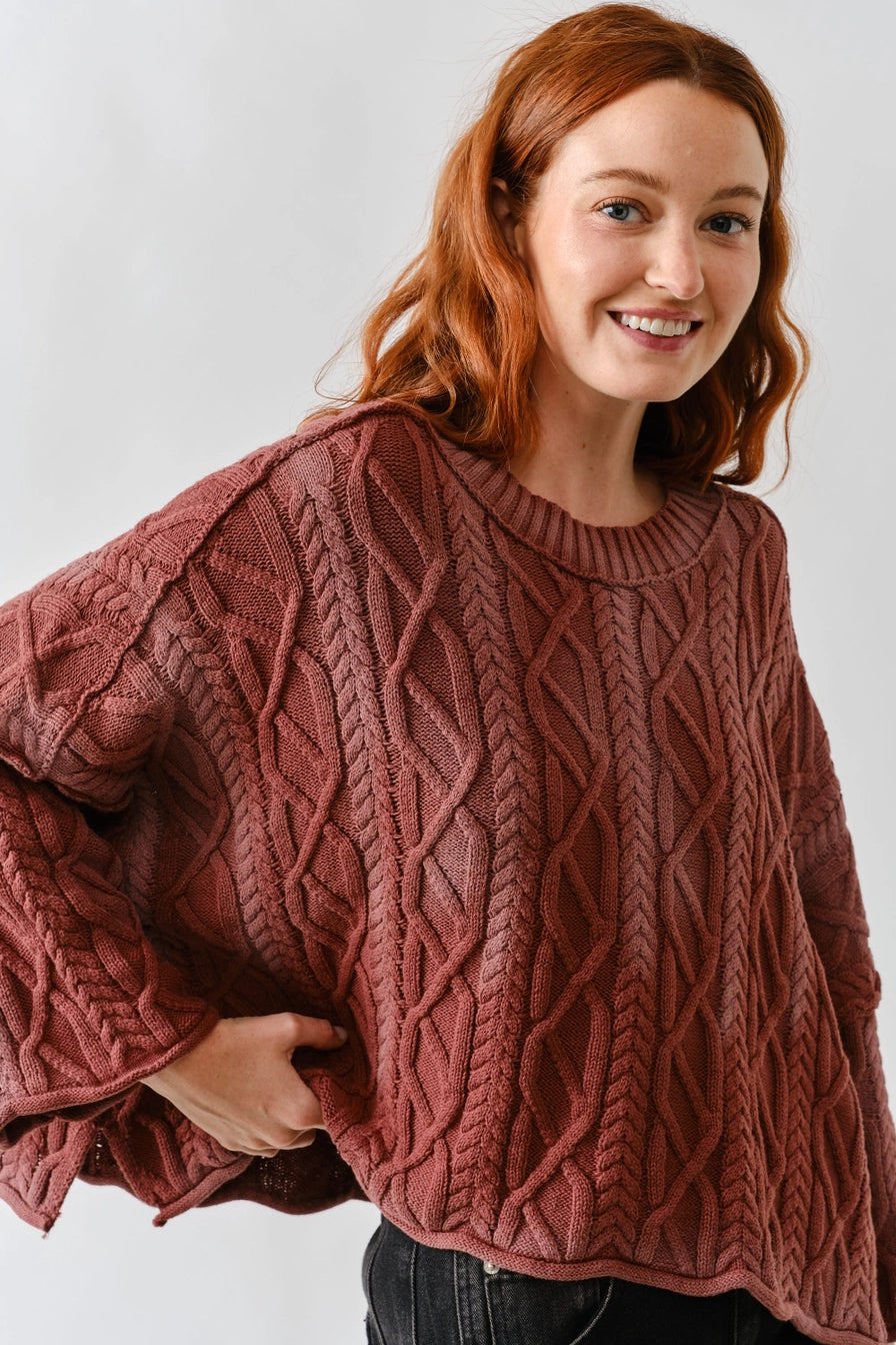 Wine Oversize Washed Cable Sweater
