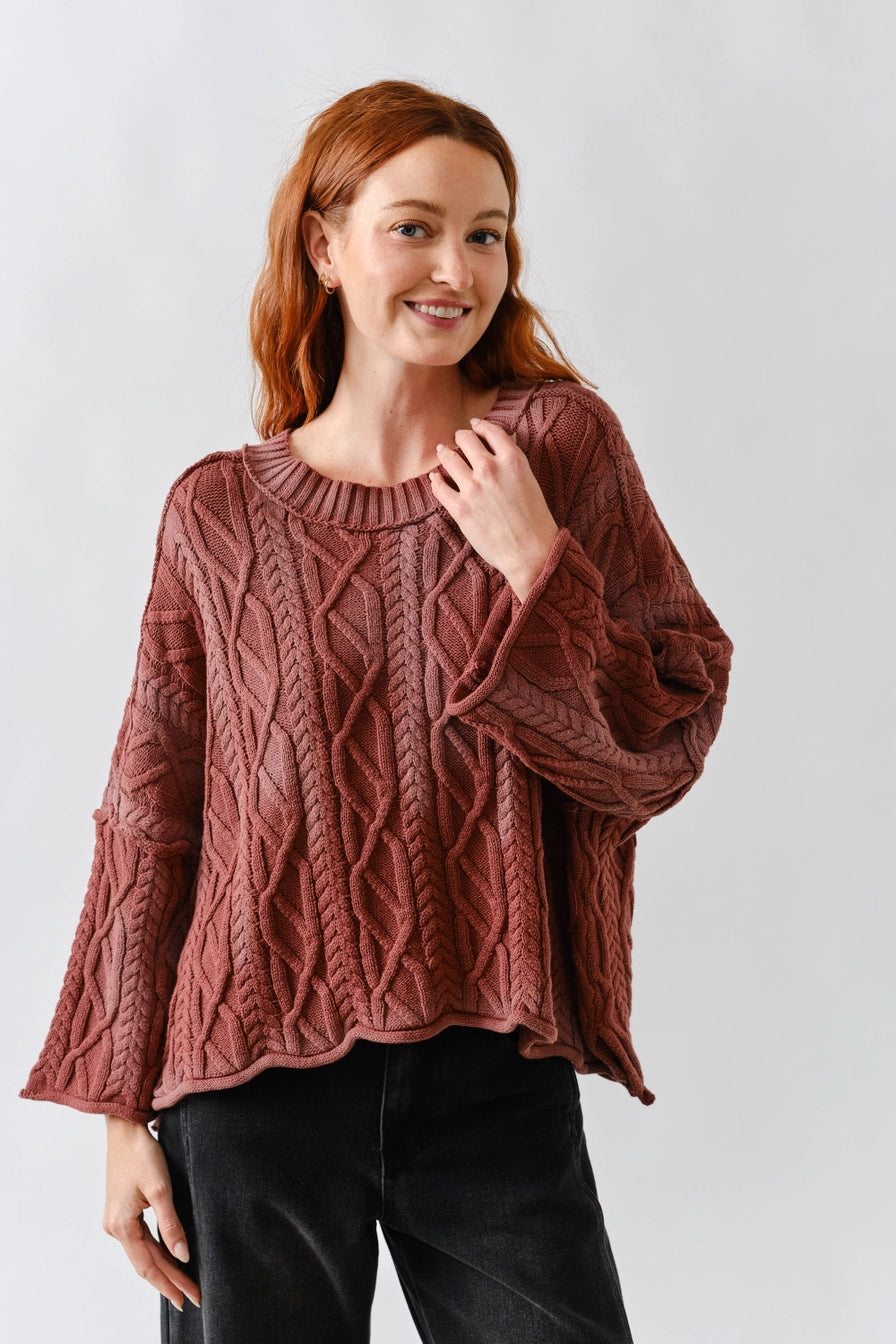 Wine Oversize Washed Cable Sweater