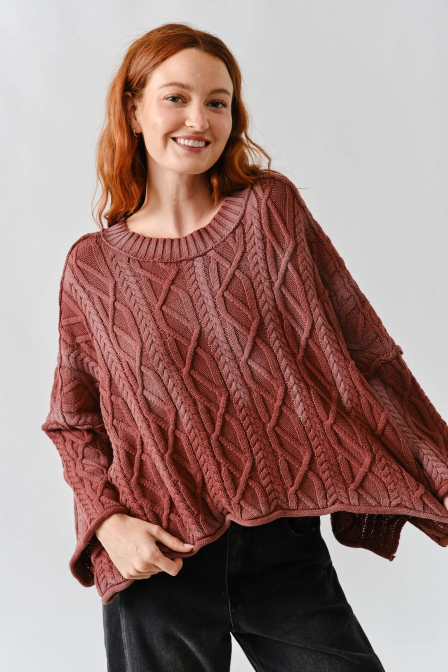 Wine Oversize Washed Cable Sweater