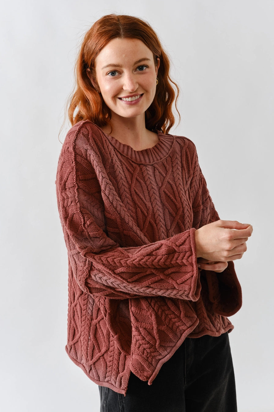 Wine Oversize Washed Cable Sweater