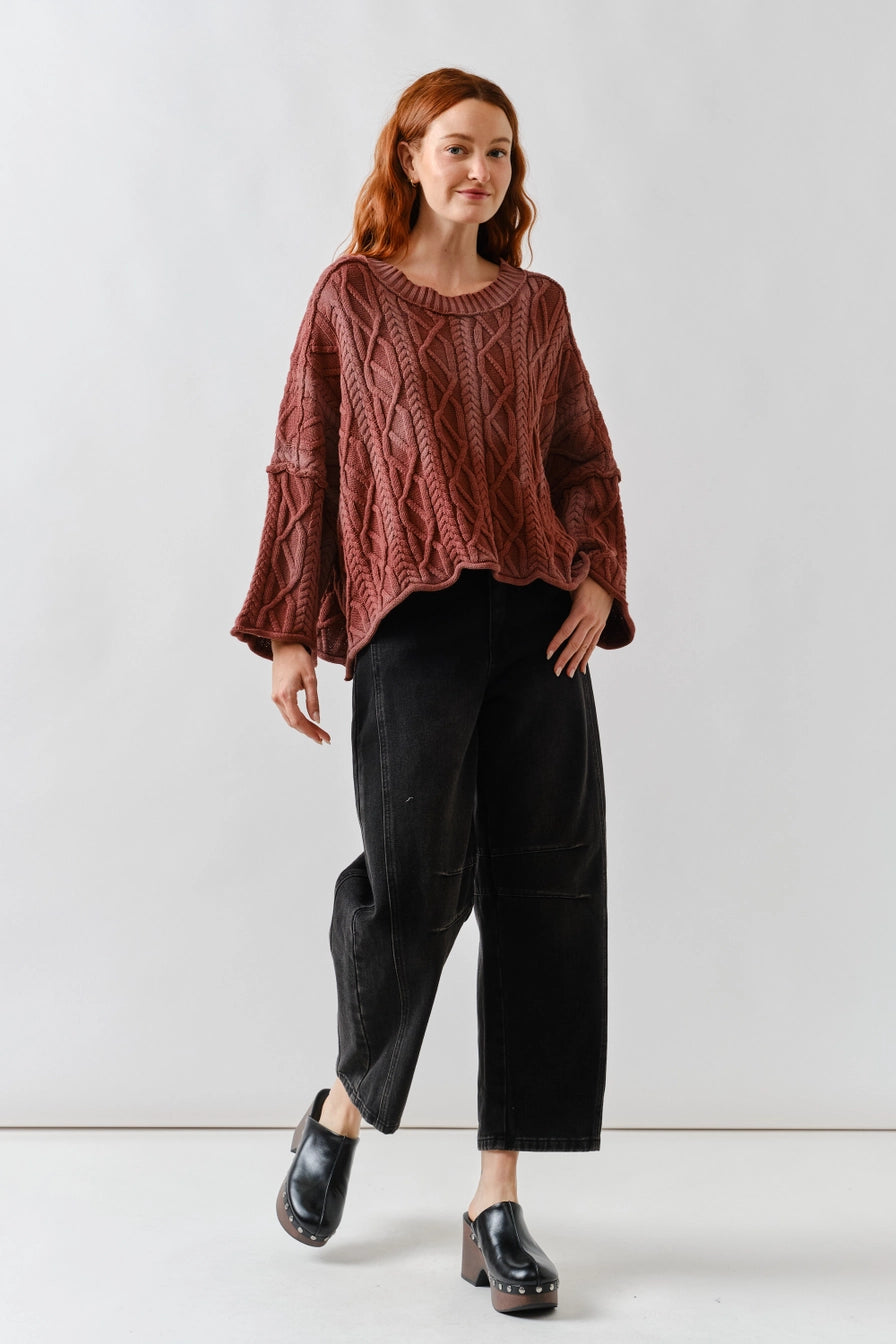 Wine Oversize Washed Cable Sweater