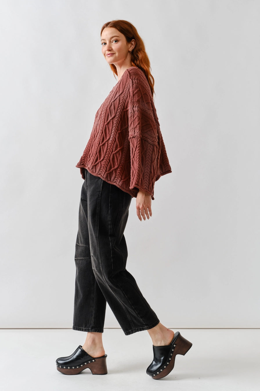 Wine Oversize Washed Cable Sweater