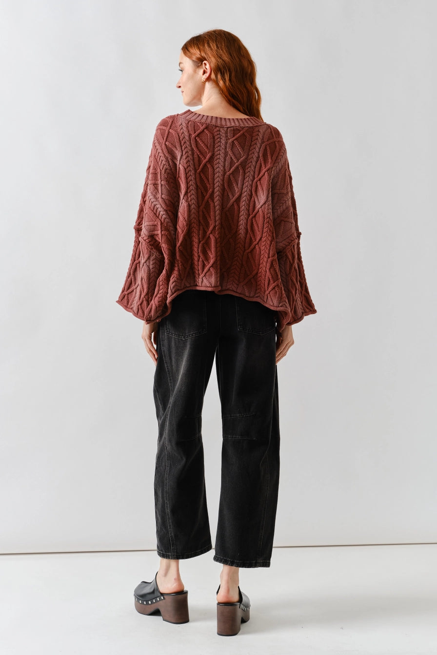 Wine Oversize Washed Cable Sweater