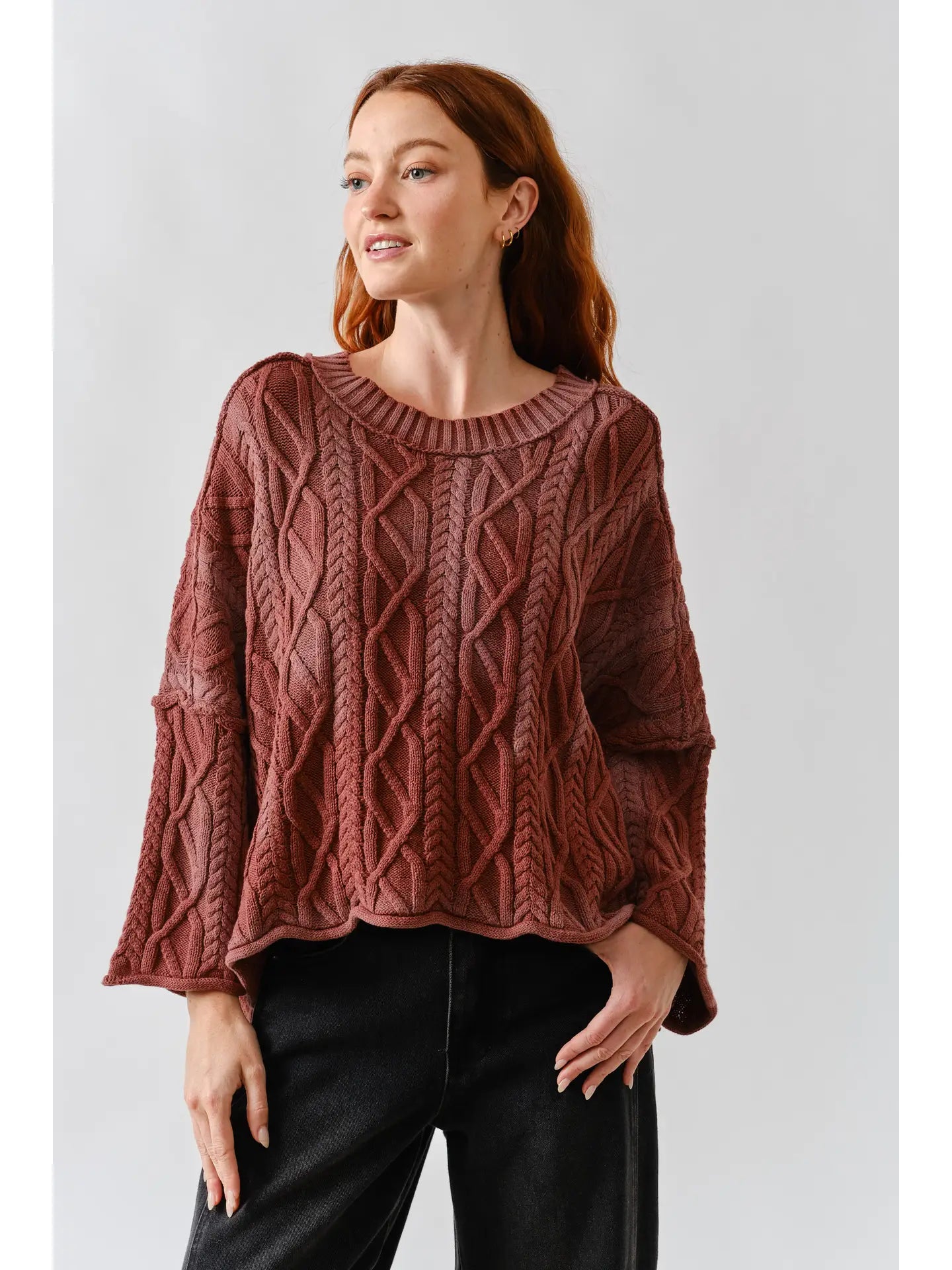Wine Oversize Washed Cable Sweater