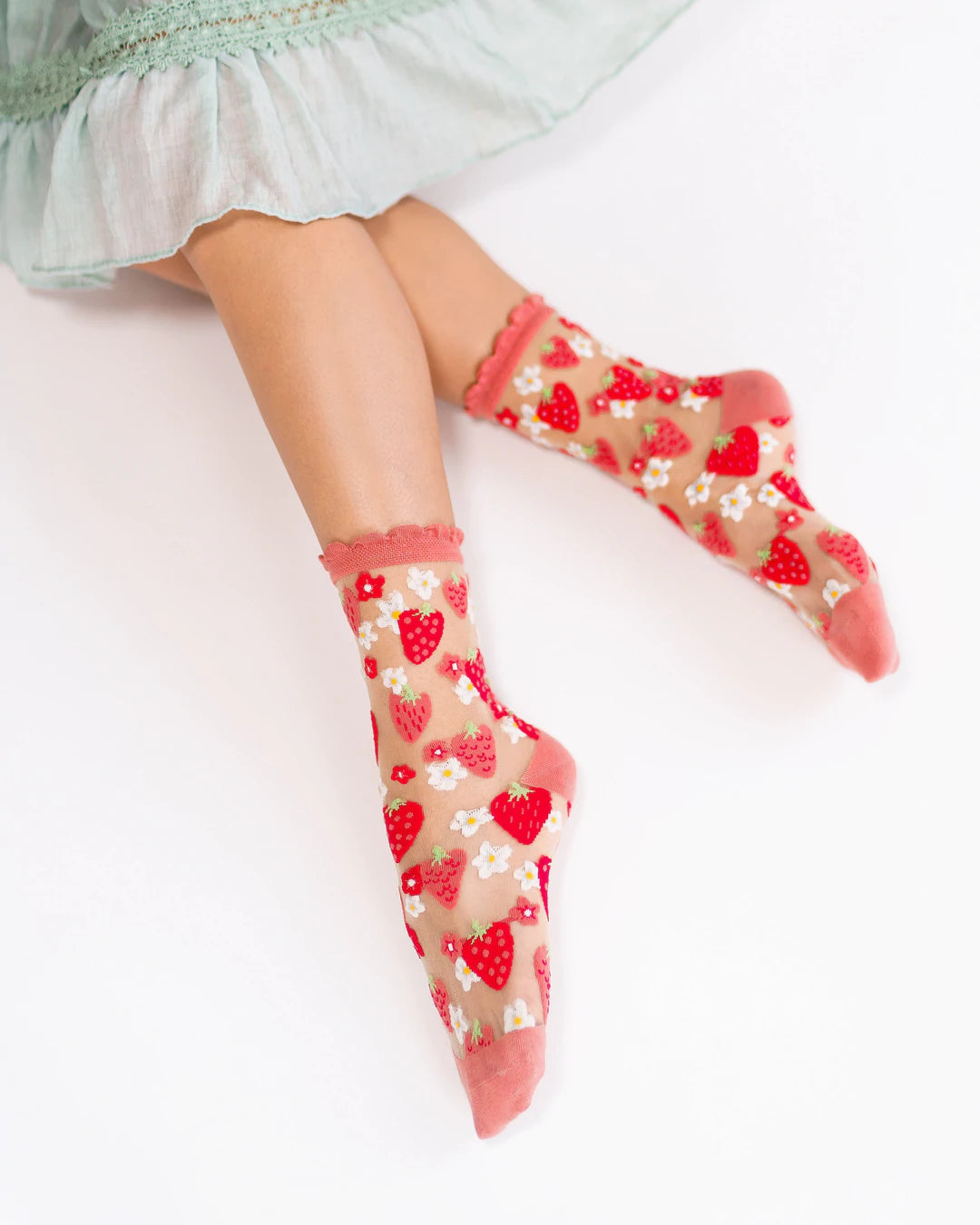 Strawberry Daisy Sheer Ruffle Crew Socks
