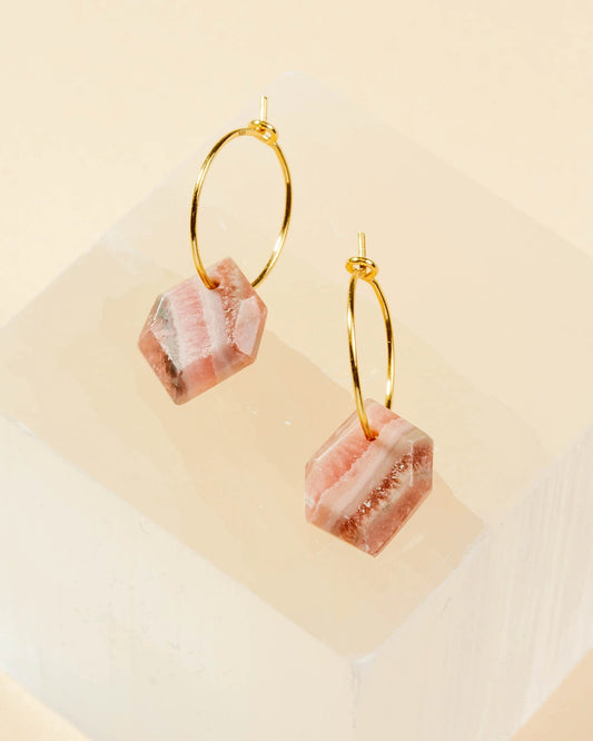 14Kt Sterling Geometry Mini Hoop Earring-Rhodochrosite