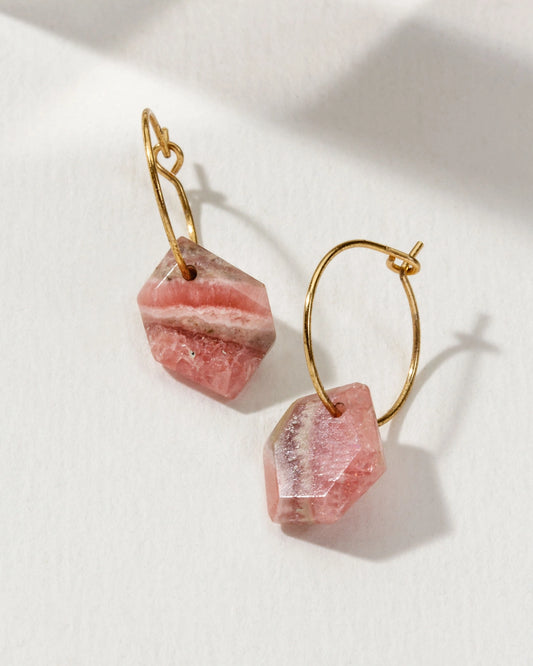 14Kt Sterling Geometry Mini Hoop Earring-Rhodochrosite
