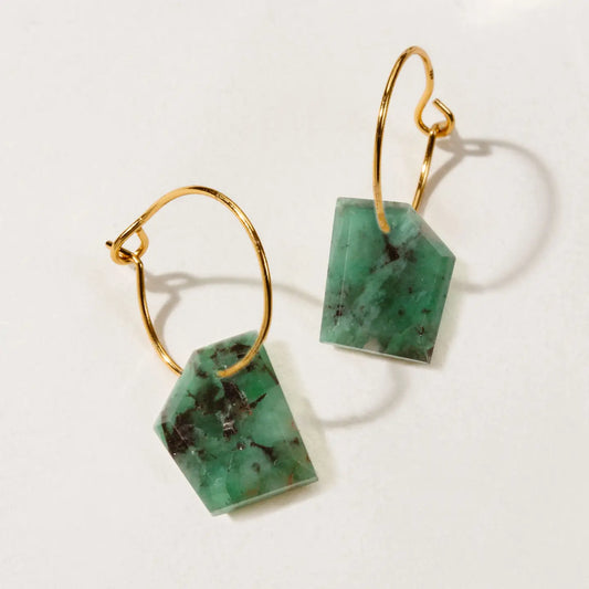14Kt Sterling Silver Geometry Mini Hoop Earrings- Emerald