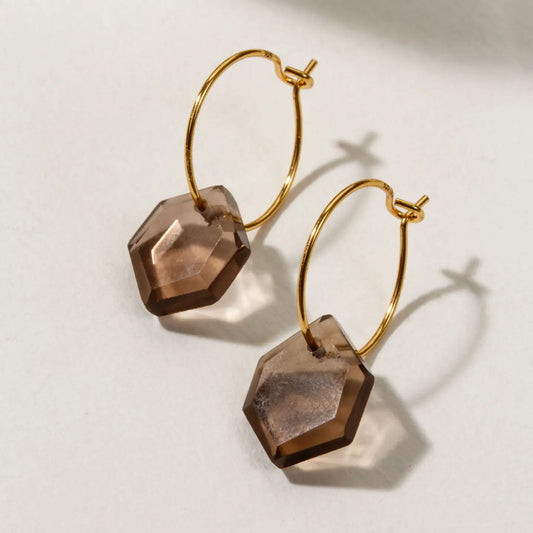 14Kt Sterling Silver Geometry Mini Hoop Earrings- Smoky Qtz