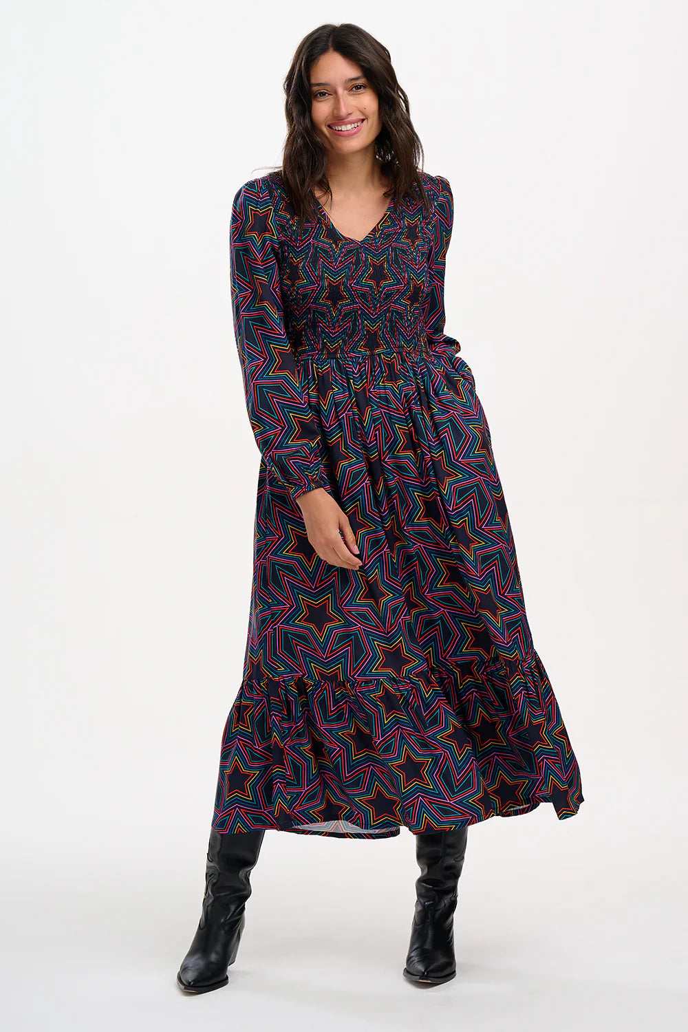 Black Rainbow Star Explosion Amberly Midi Dress