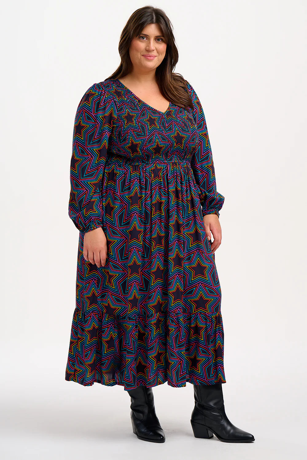 Black Rainbow Star Explosion Amberly Midi Dress