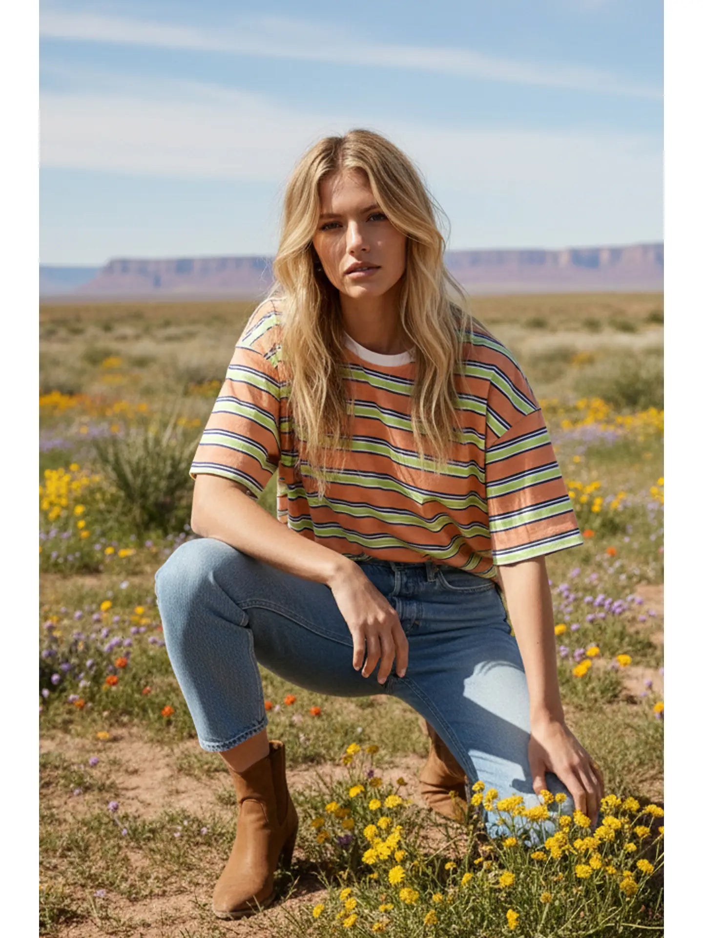 Apricot Combo Striped Relaxed Fit Tee