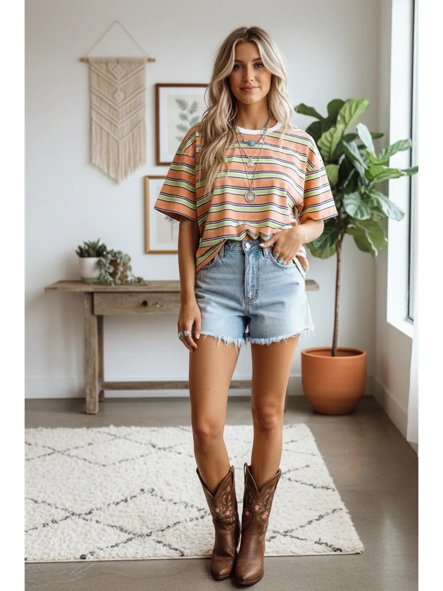 Apricot Combo Striped Relaxed Fit Tee