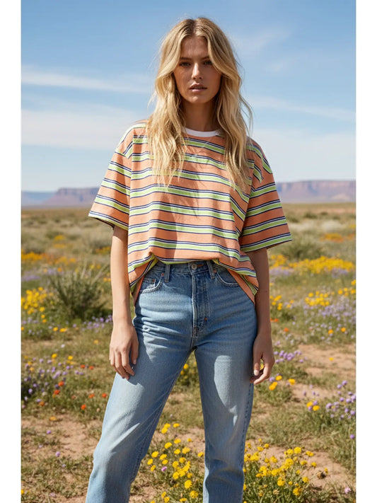 Apricot Combo Striped Relaxed Fit Tee