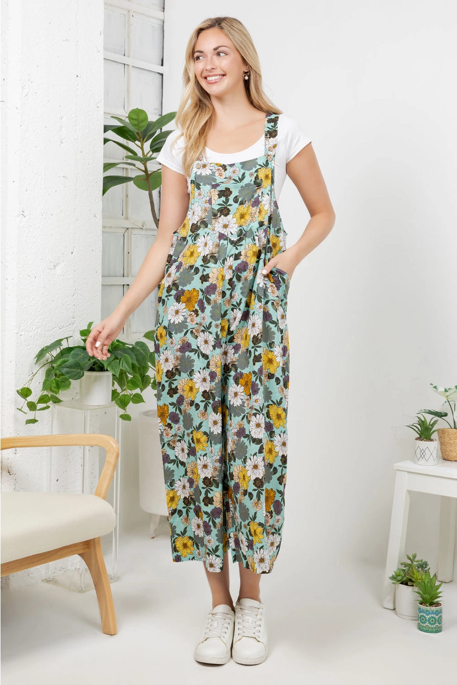 Aqua Large Floral Lightweight Overalls