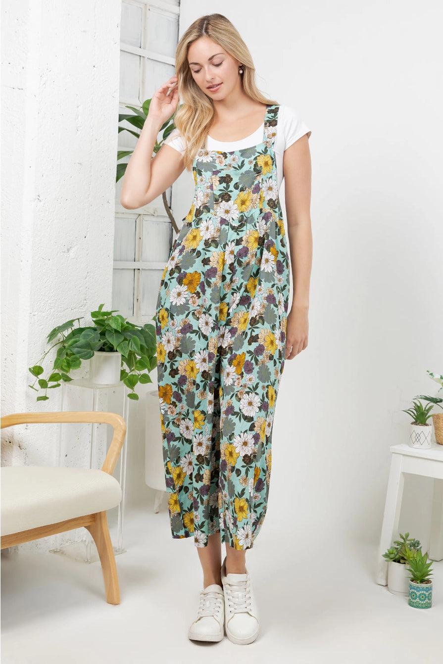 Aqua Large Floral Lightweight Overalls