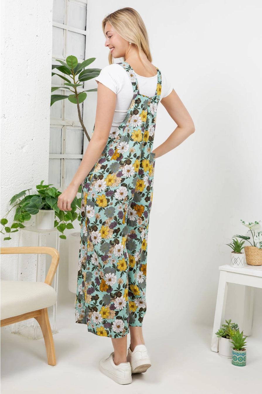 Aqua Large Floral Lightweight Overalls