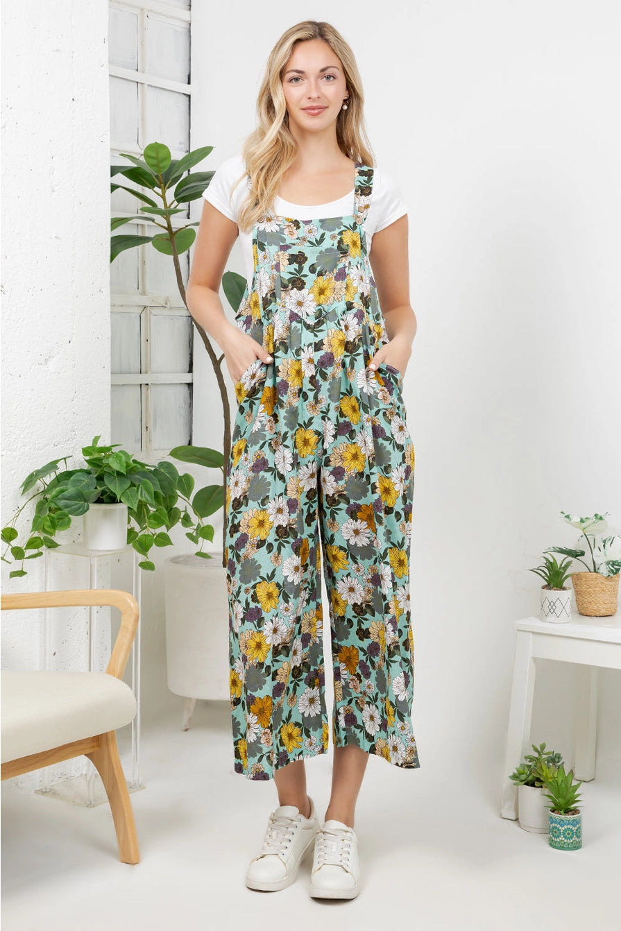 Aqua Large Floral Lightweight Overalls