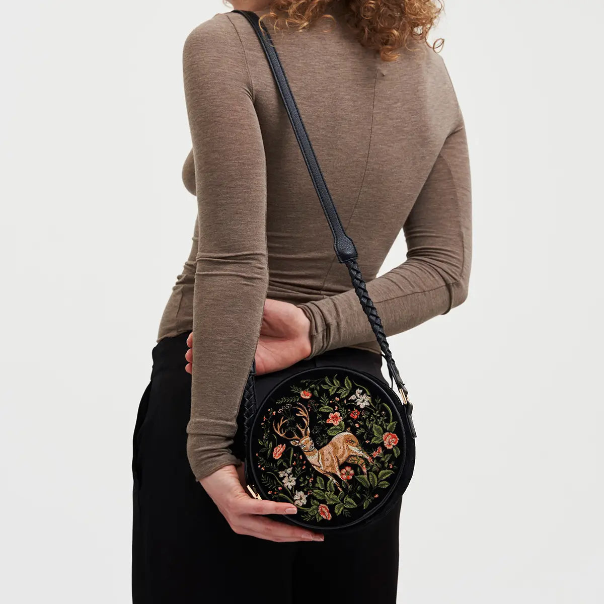 Aurora Fawn Embroidered Black Circle Bag by Fable England