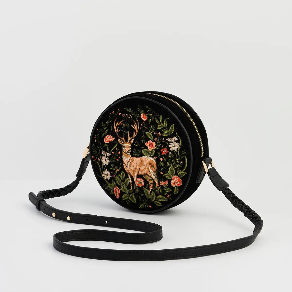 Aurora Fawn Embroidered Black Circle Bag by Fable England