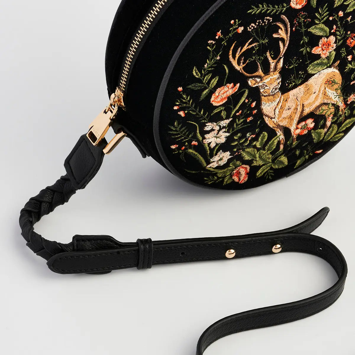 Aurora Fawn Embroidered Black Circle Bag by Fable England