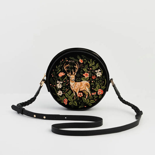 Aurora Fawn Embroidered Black Circle Bag by Fable England