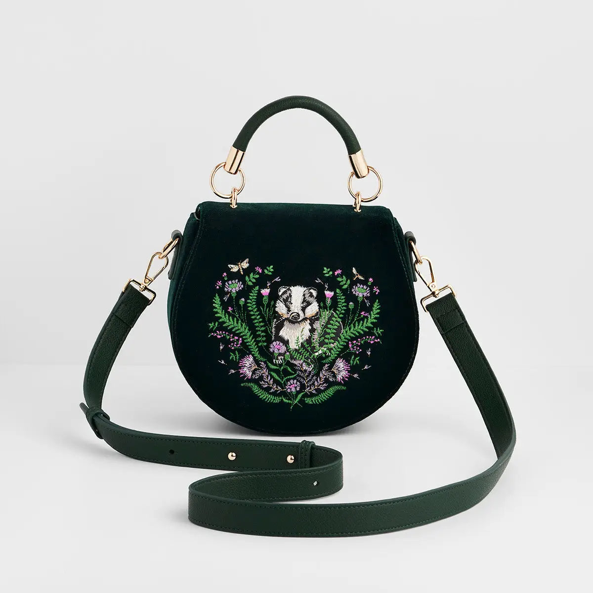 Badger Embroidered Green Top Handle Saddle Bag by Fable England