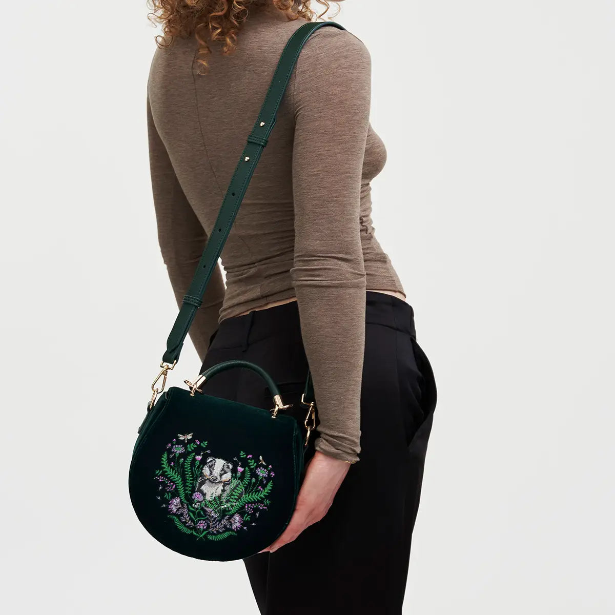 Badger Embroidered Green Top Handle Saddle Bag by Fable England