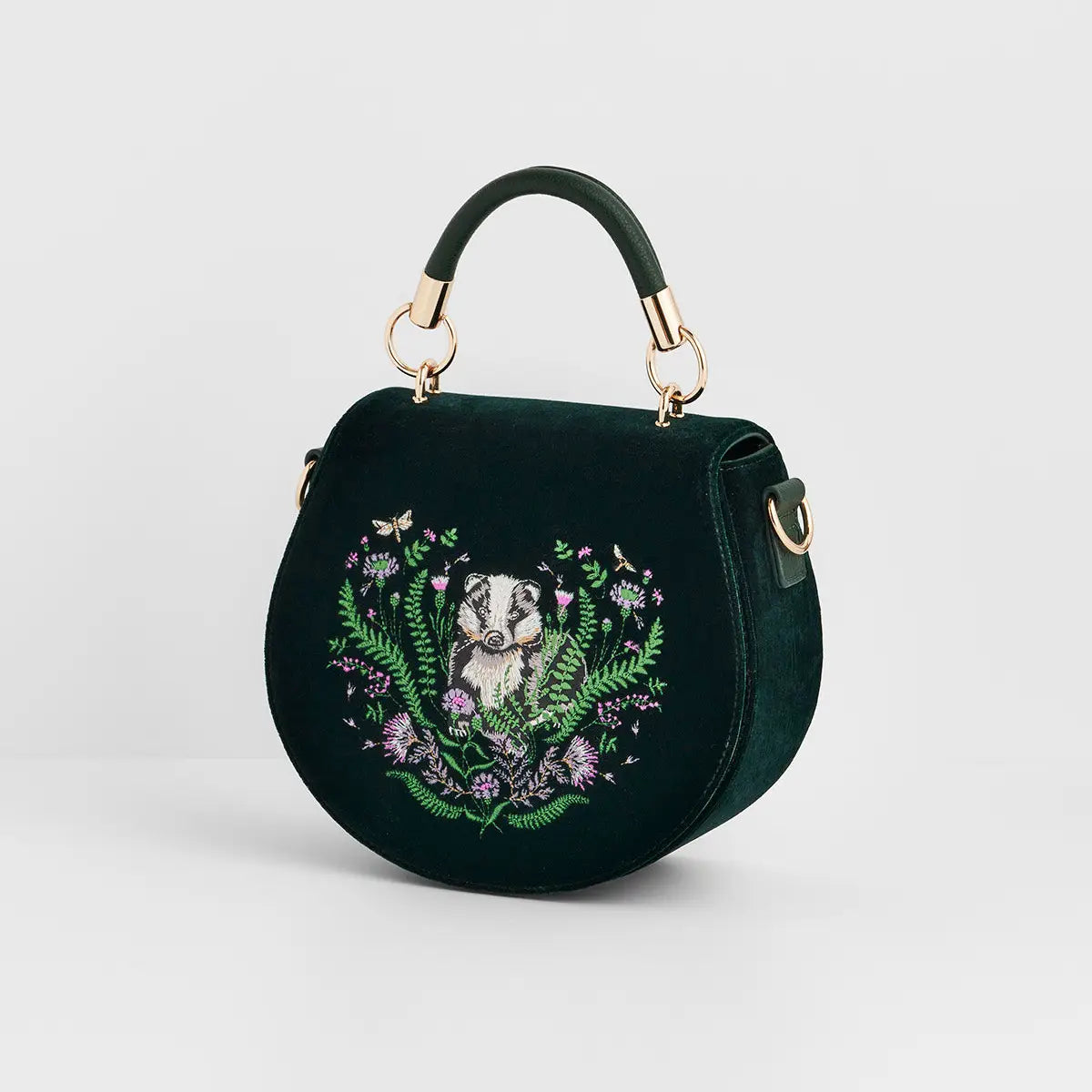 Badger Embroidered Green Top Handle Saddle Bag by Fable England