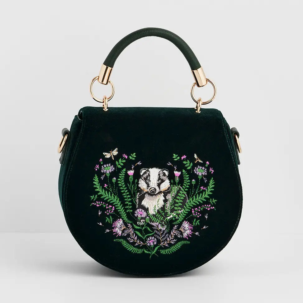Badger Embroidered Green Top Handle Saddle Bag by Fable England