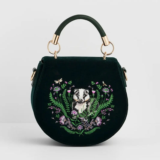 Badger Embroidered Green Top Handle Saddle Bag by Fable England