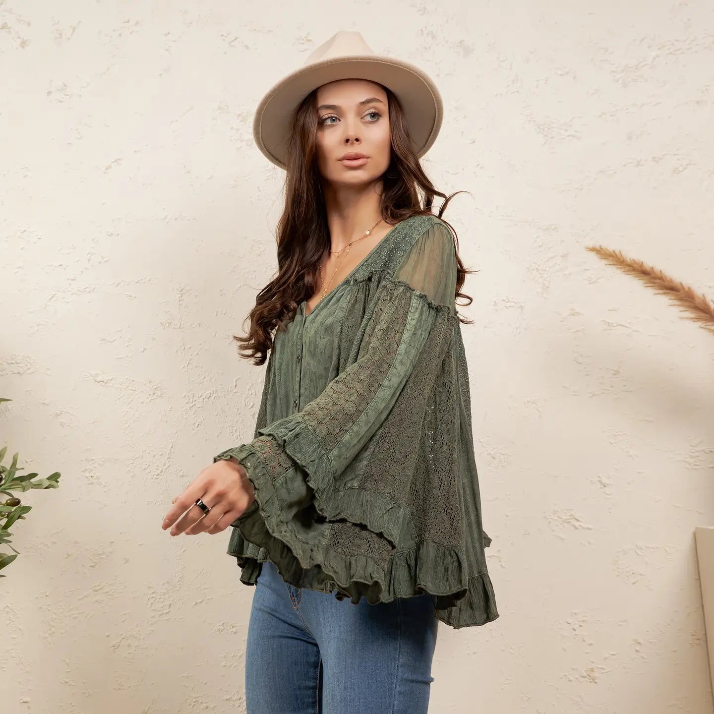 Basil Dreamy Sheer V-Neck Ruffled Button-Front Top