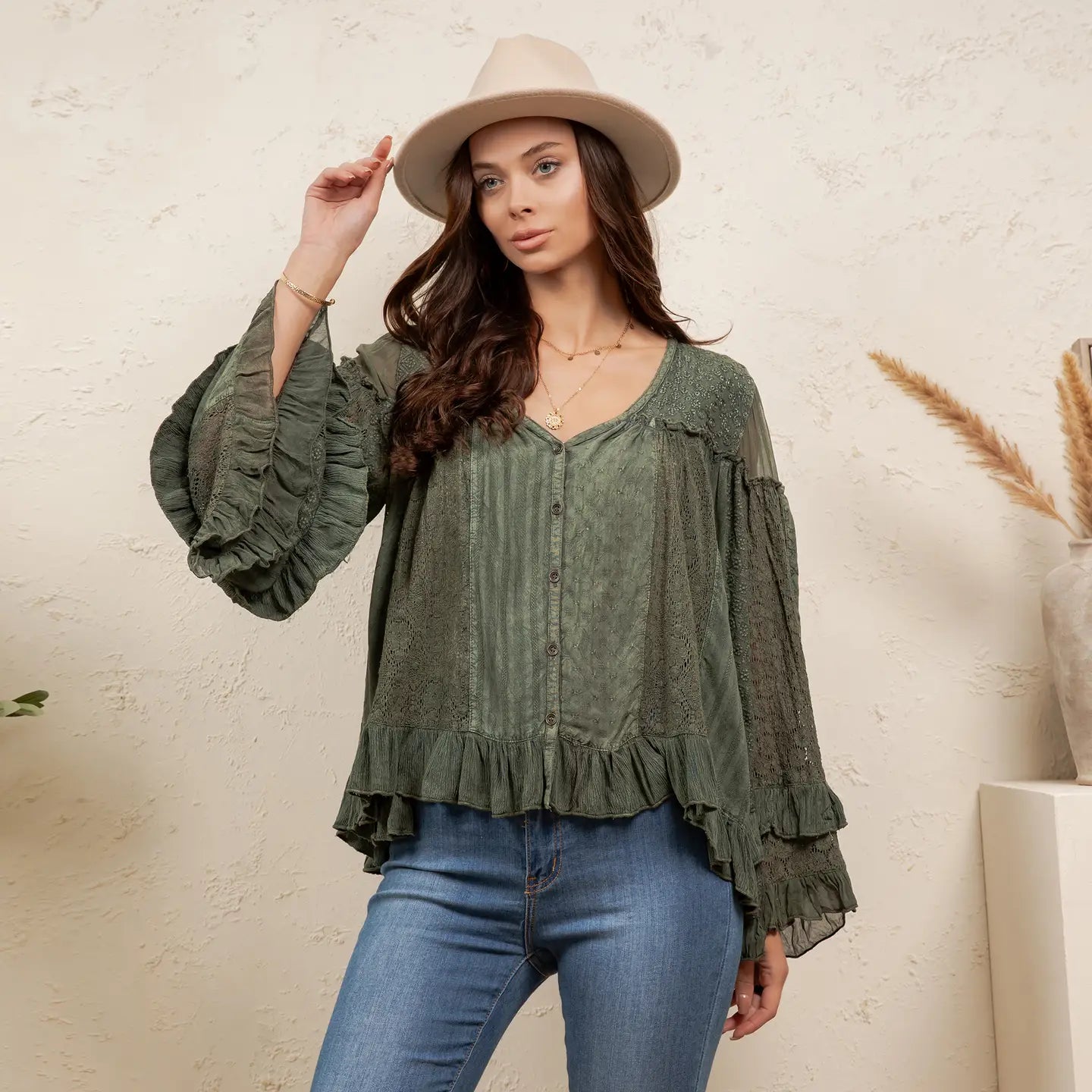 Basil Dreamy Sheer V-Neck Ruffled Button-Front Top
