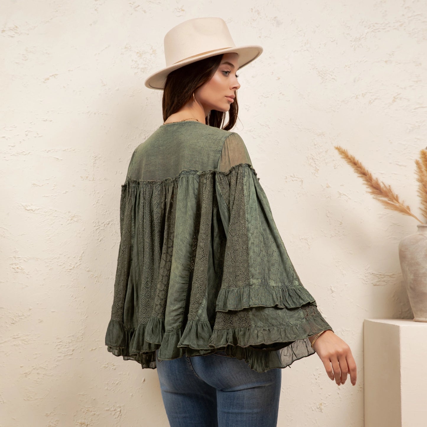 Basil Dreamy Sheer V-Neck Ruffled Button-Front Top