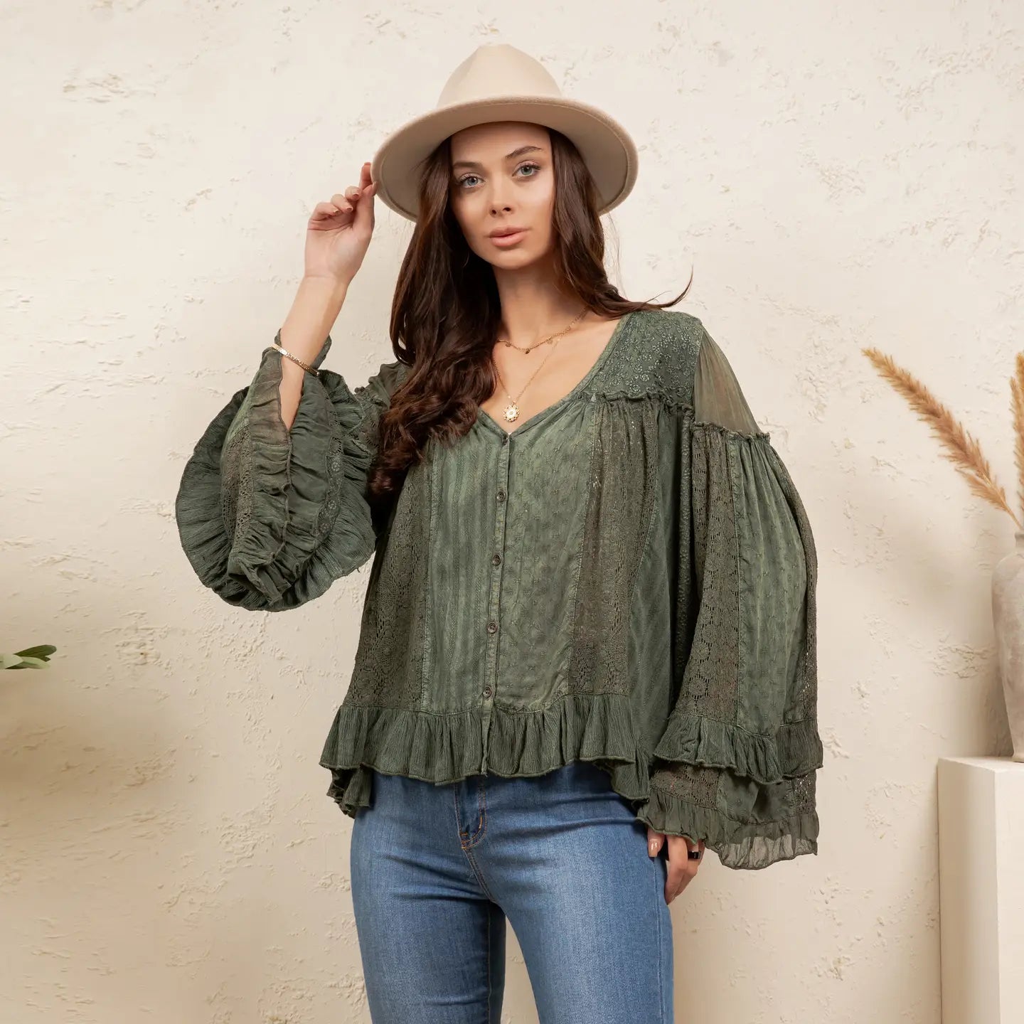 Basil Dreamy Sheer V-Neck Ruffled Button-Front Top
