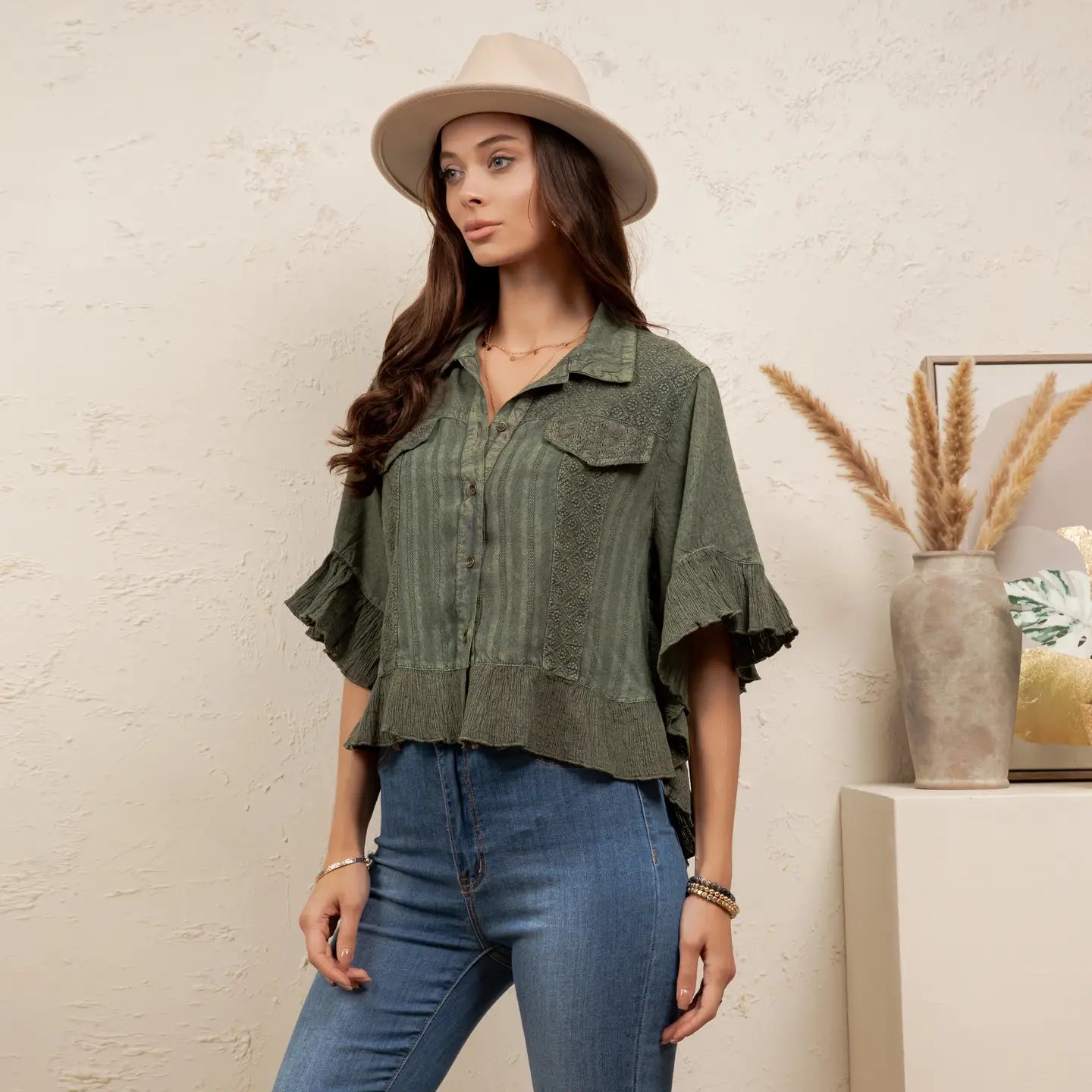 Basil Ruffle Crop Button Up Top