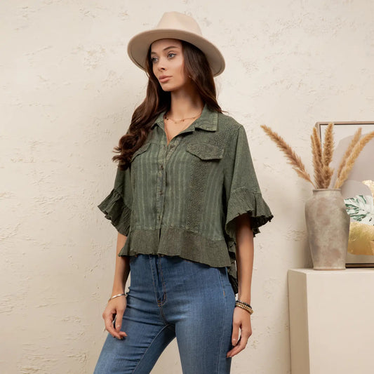 Basil Ruffle Crop Button Up Top