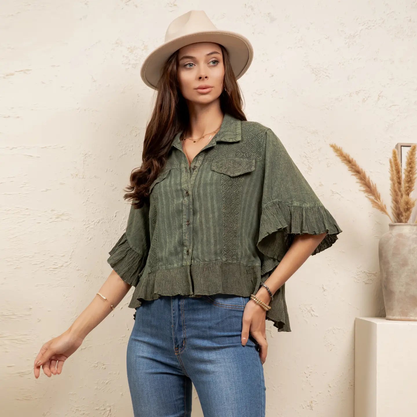 Basil Ruffle Crop Button Up Top