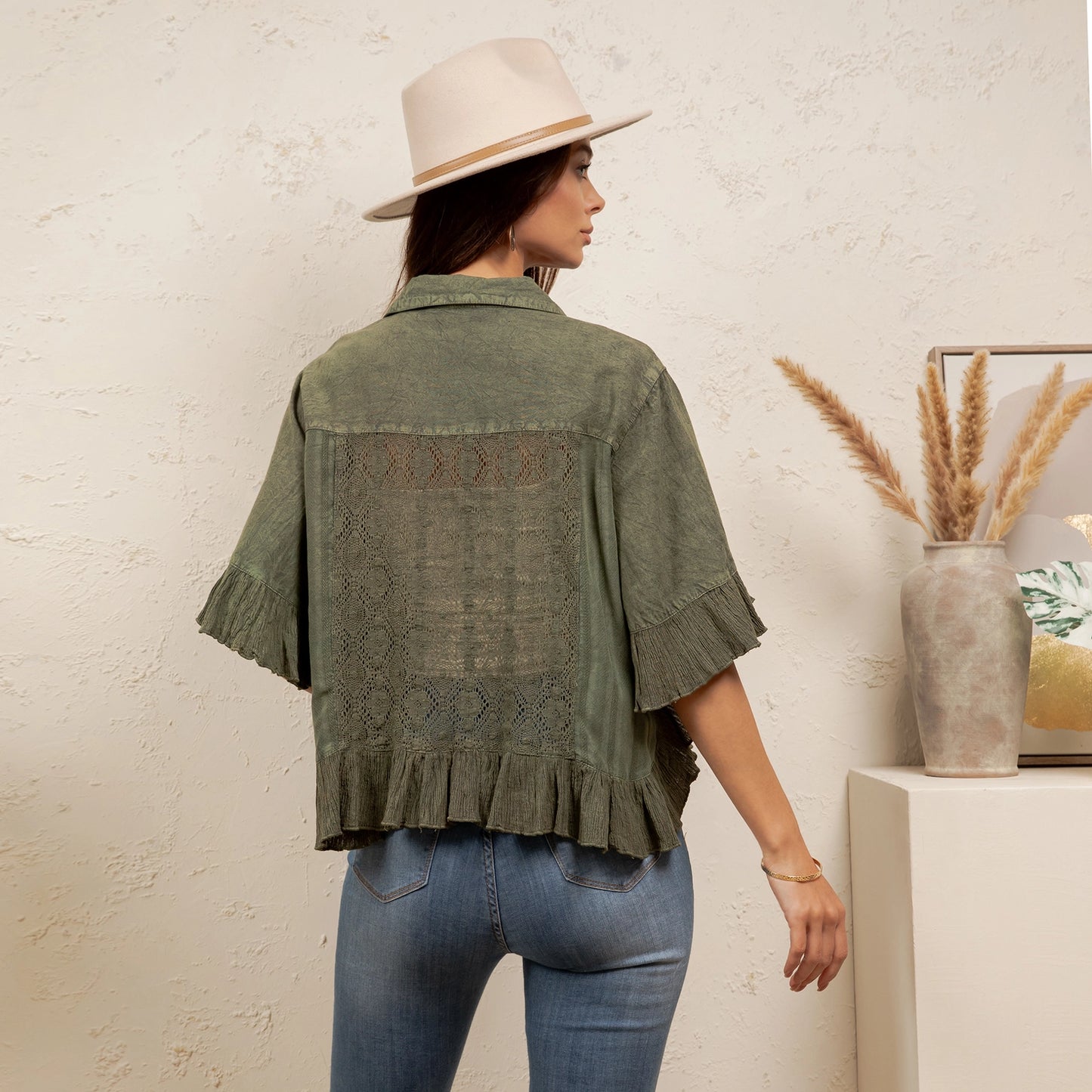 Basil Ruffle Crop Button Up Top
