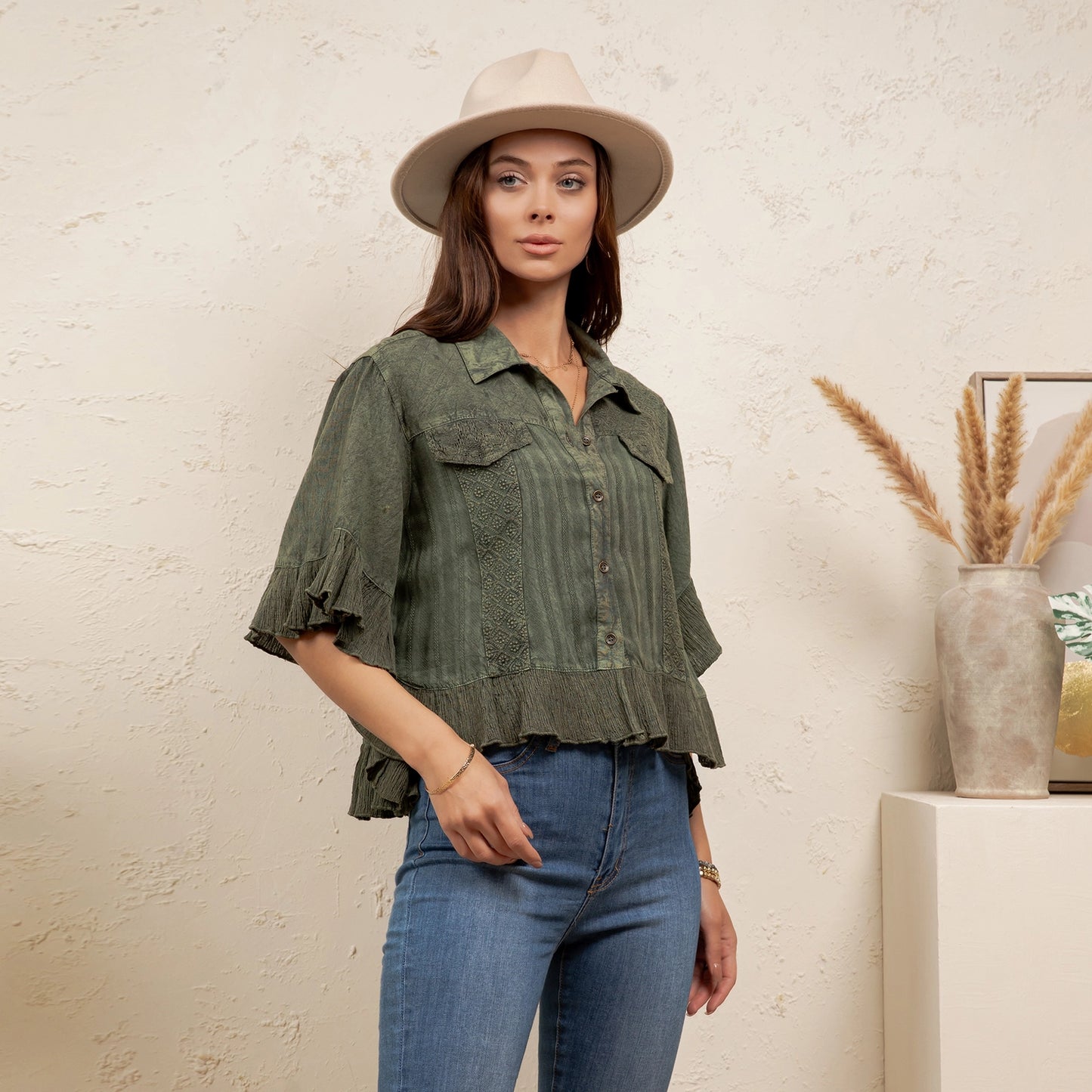 Basil Ruffle Crop Button Up Top