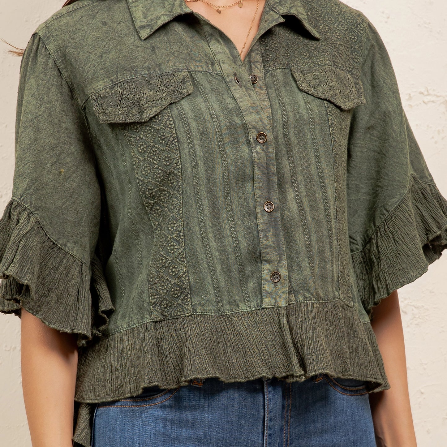 Basil Ruffle Crop Button Up Top